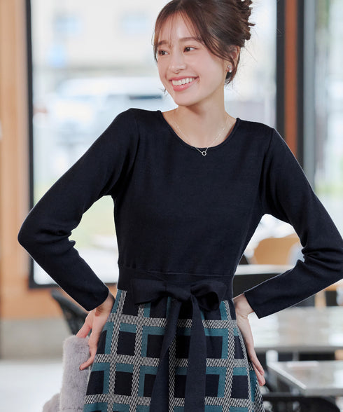 リボンベルト付きチェック柄ニットワンピース